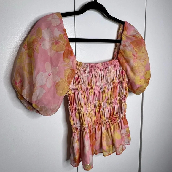 Louna Orange Floral Puff Sleeve Smocked Top - Size Small - Picture 4 of 8
